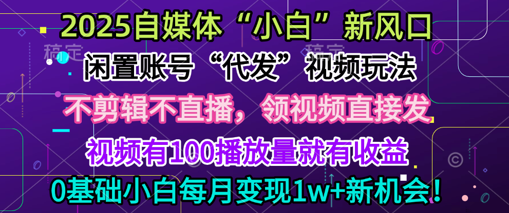 2025每月躺赚5w+新机会,闲置视频账号一键代发玩法,0粉不实名不剪辑,领了视频直接发,0基础小白也能日入300+-齐力副业