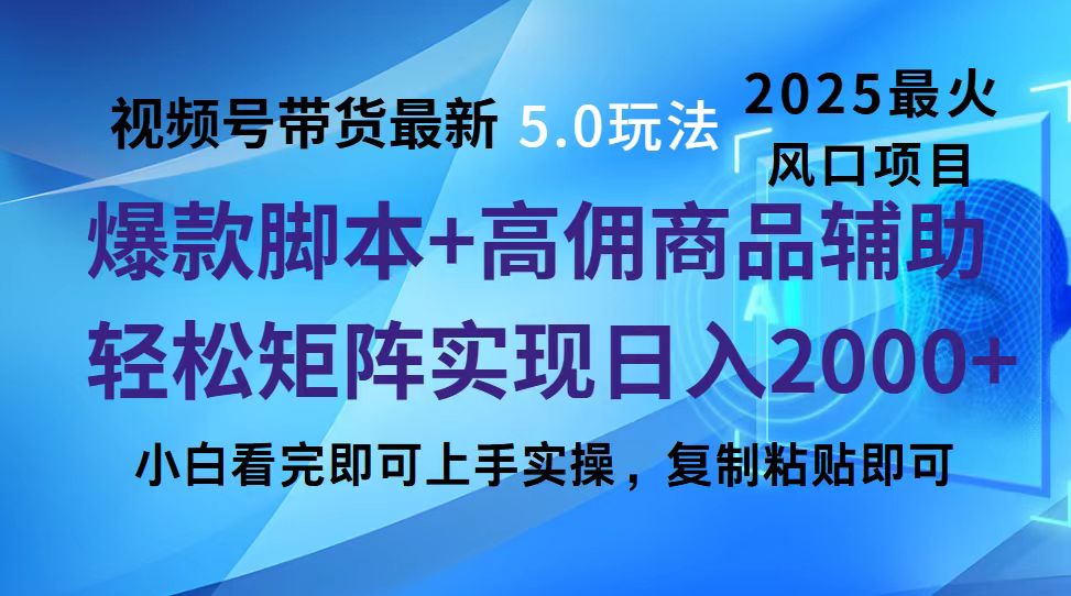 视频号带货最新5.0玩法，作品制作简单，当天起号，复制粘贴，脚本辅助，轻松矩阵日入2000+-齐力副业
