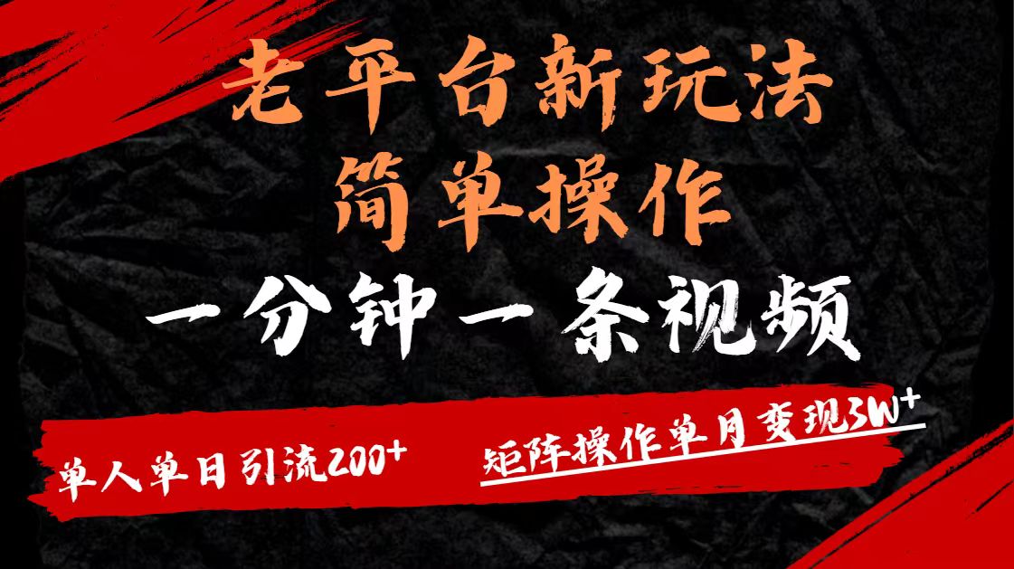 老平台，新玩法，简单操作，一分钟一条视频，单人单人引流200+矩阵操作，单月变现3W-齐力副业