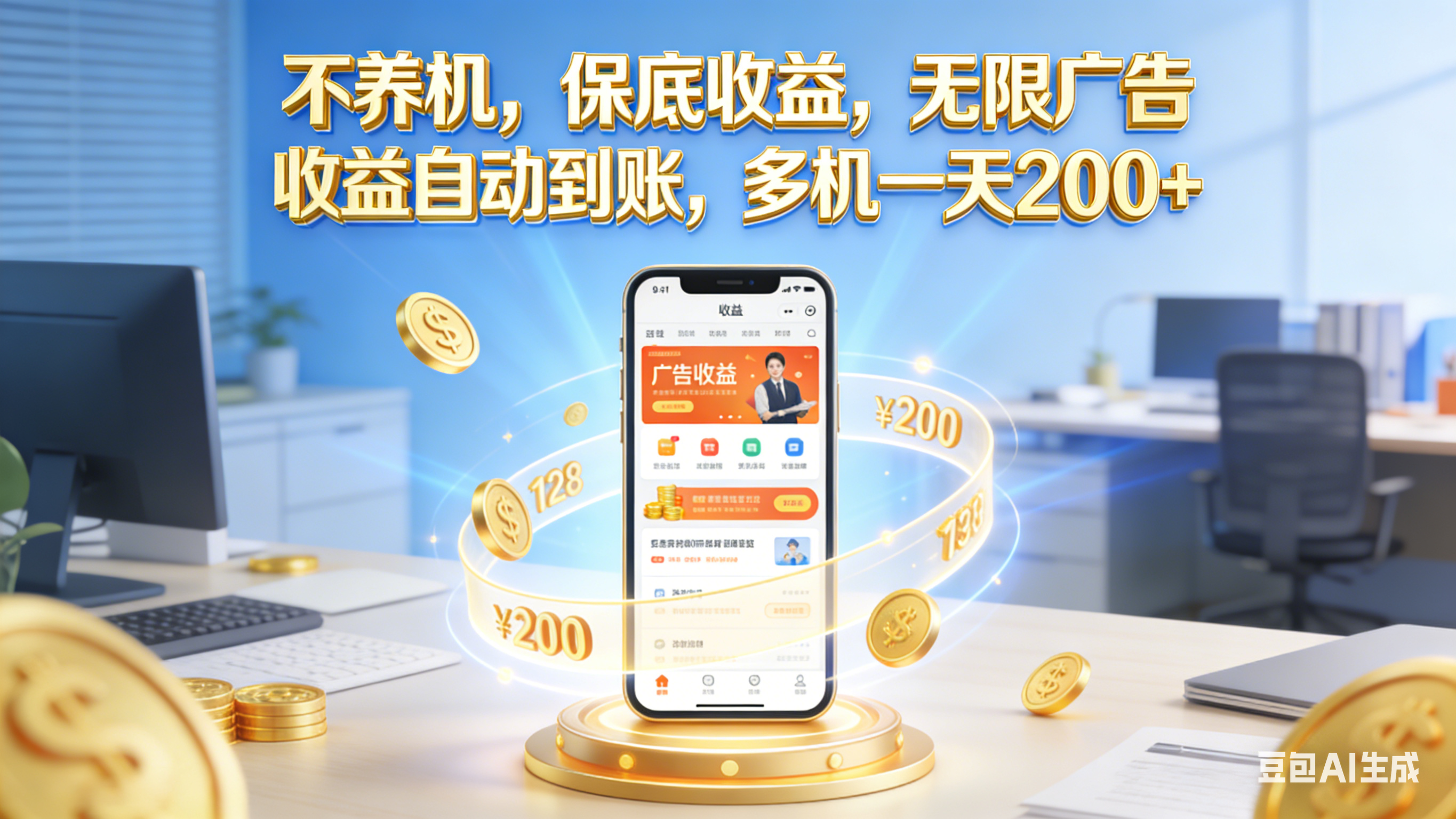 不养机，保底收益，无限广告，收益自动到账，多机一天200+-齐力副业