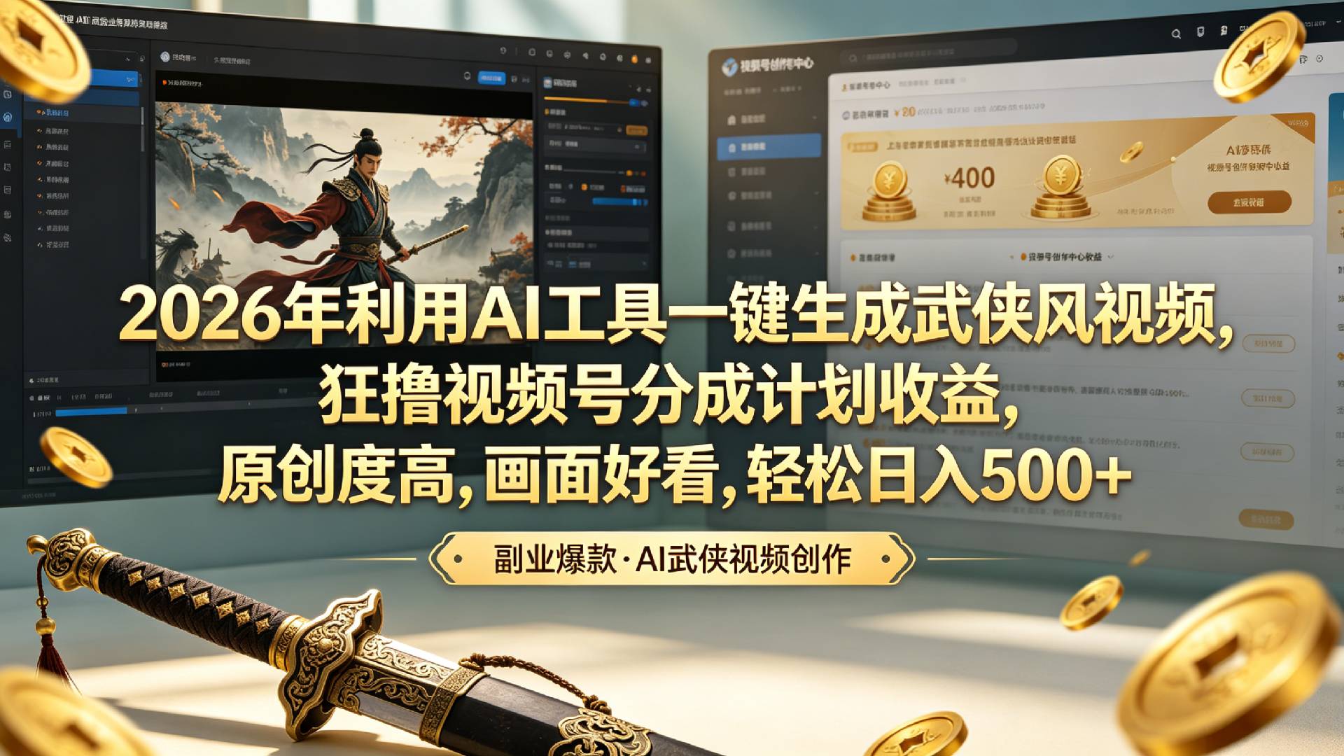 2026年利用AI工具一键生成武侠风视频，狂撸视频号分成计划收益，原创度高，画面好看，轻松日入500+-齐力副业