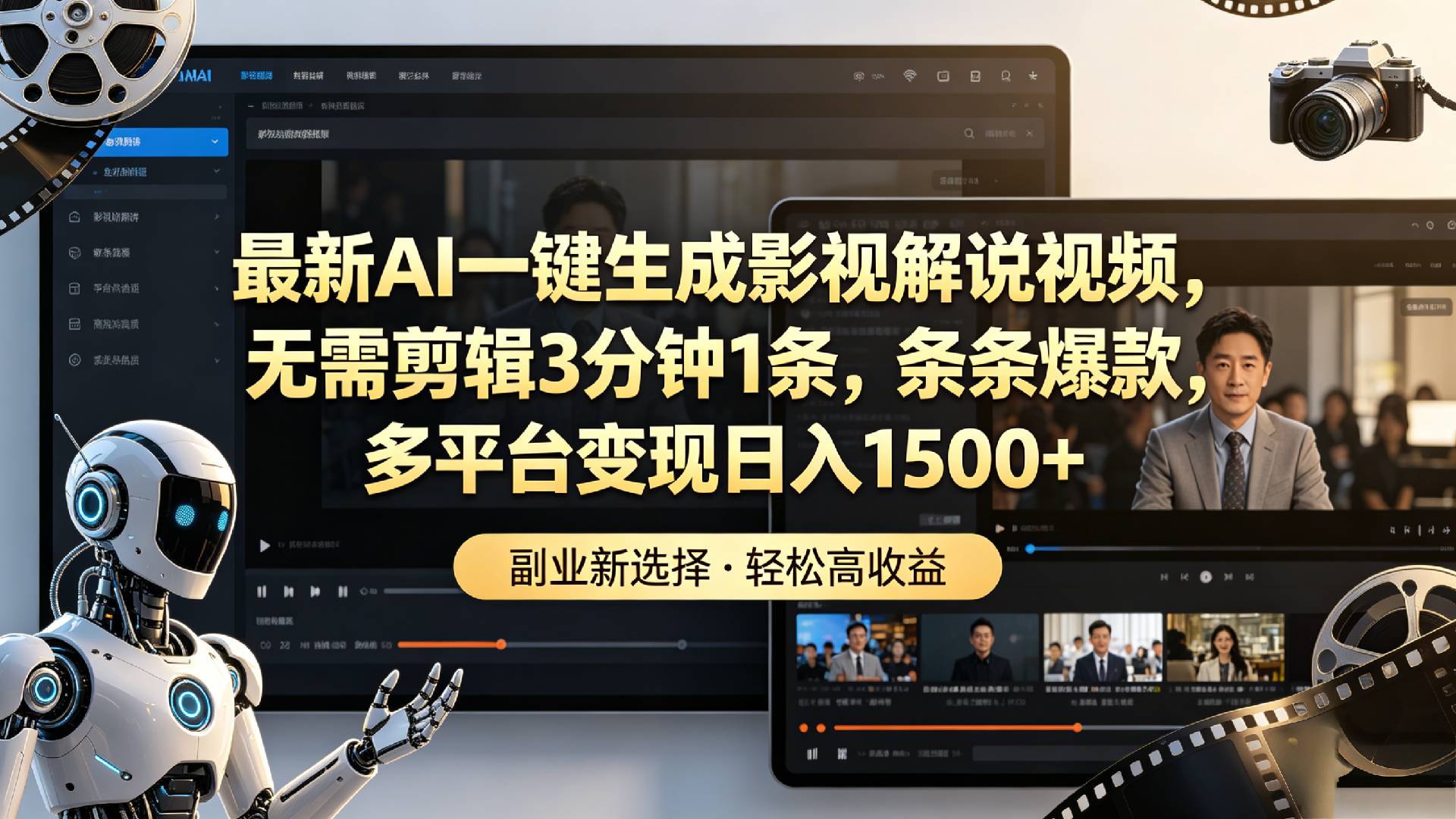 最新AI一键生成影视解说视频，无需剪辑3分钟1条，条条爆款，多平台变现日入1500+-齐力副业