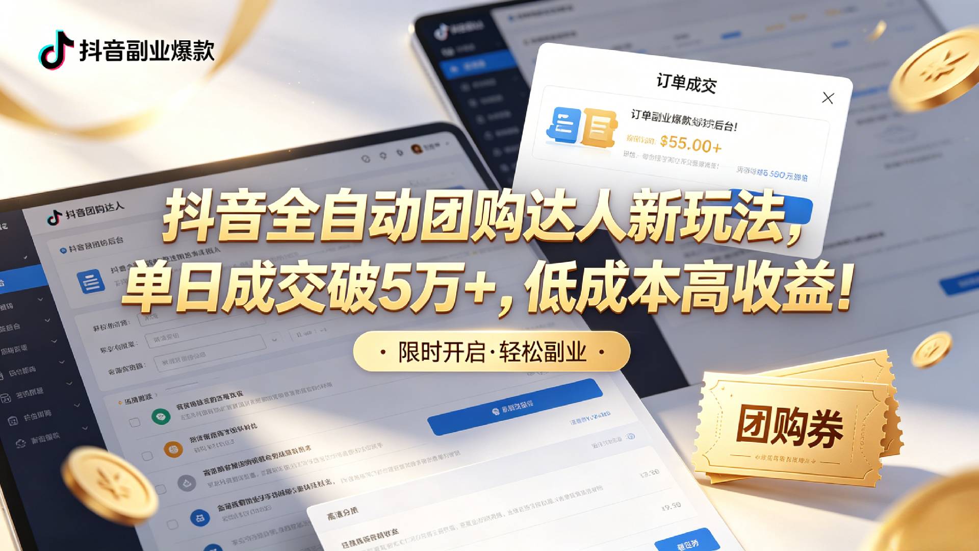 抖音全自动团购达人新玩法，单日成交破5万+，低成本高收益！-齐力副业