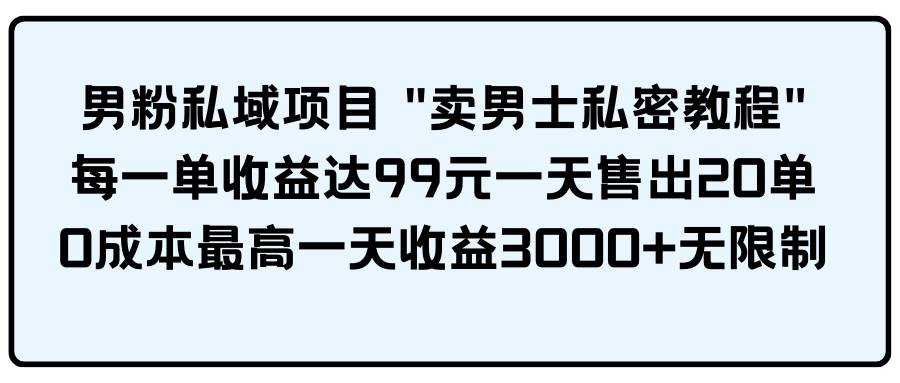 男粉私域项目 卖男士私密教程 每一单收益达99元一天售出20单-齐力副业
