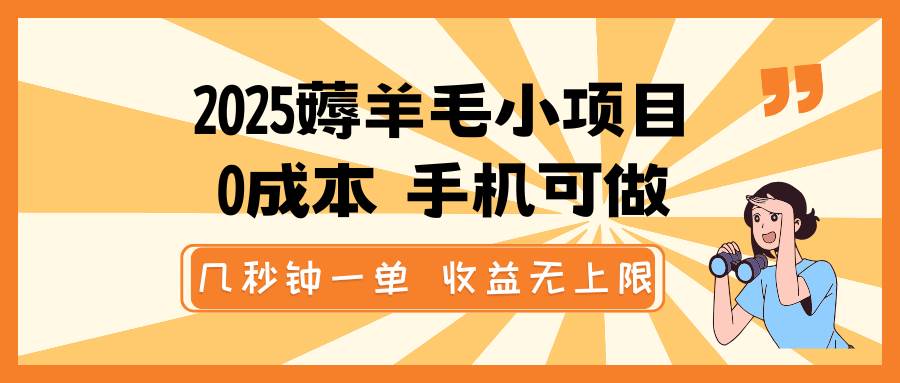 2025薅羊毛小项目，0成本 手机可做，几秒钟一单，收益无上限-齐力副业