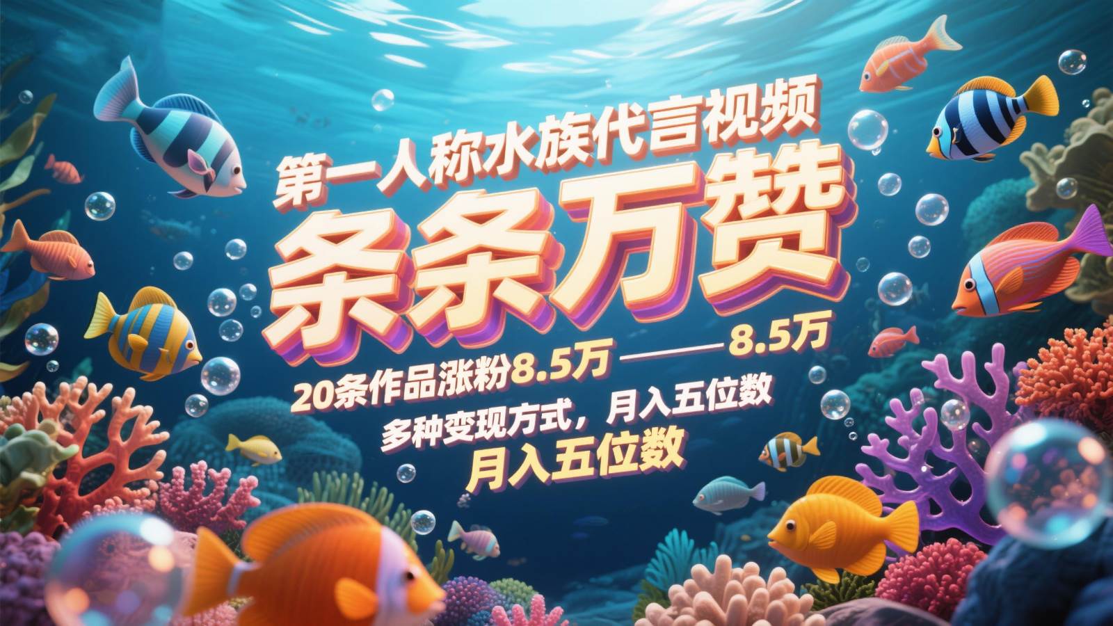 第一人称水族代言视频，条条万赞，20条作品涨粉8.5万，多种变现方式月，入五位数-齐力副业