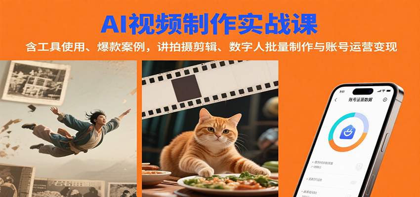 AI视频制作实战:含工具使用、爆款案例,讲拍摄剪辑、数字人批量制作与账号运营变现-齐力副业