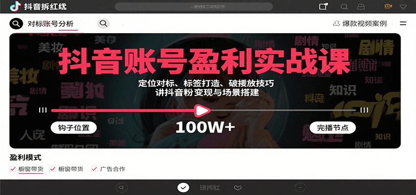 抖音账号盈利实战课,定位对标、标签打造、破播放技巧,讲涨粉变现与场景搭建-齐力副业