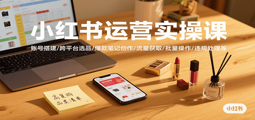 小红书运营实操课，账号搭建/跨平台选品/爆款笔记创作/流量获取/批量操作/违规处理等-齐力副业