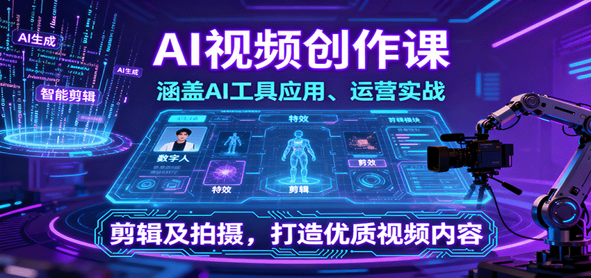 AI视频创作课，涵盖AI工具应用、运营实战、剪辑及拍摄，打造优质视频内容-齐力副业