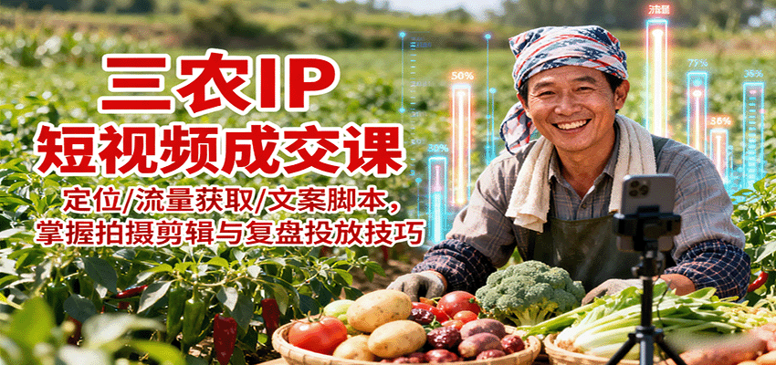 三农IP短视频成交课：定位/流量获取/文案脚本，掌握拍摄剪辑与复盘投放技巧-齐力副业