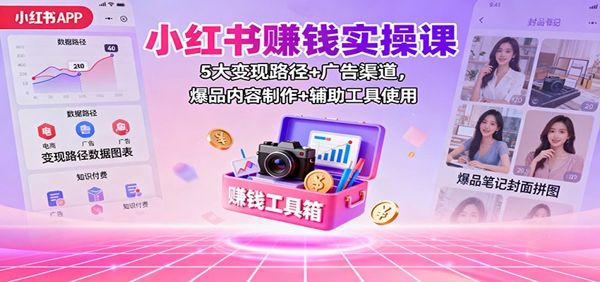 小红书赚钱实操课：5大变现路径+广告渠道，爆品内容制作+辅助工具使用-齐力副业