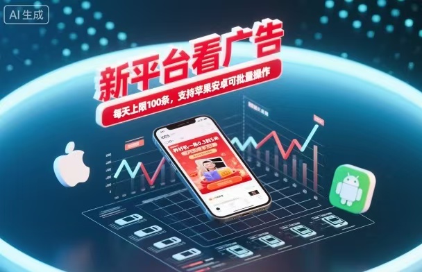 新台看广告，养好机一条5毛到5块，单机日入30到100，支持苹果安卓，可批量操作。-齐力副业