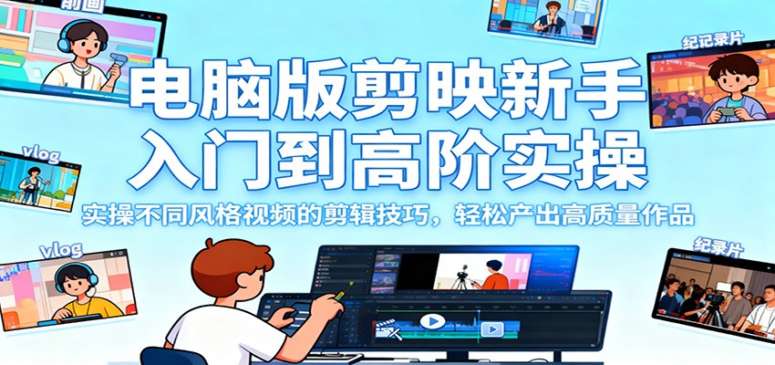 电脑版剪映新手入门到高阶实操，实操不同风格视频的剪辑技巧，轻松产出高质量作品-齐力副业
