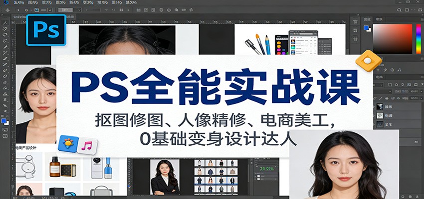 PS全能实战课：抠图修图、人像精修、电商美工，0基础变身设计达人-齐力副业