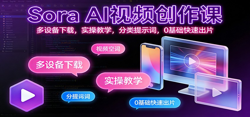 Sora AI视频创作课：多设备下载，实操教学，分类提示词，0基础快速出片-齐力副业