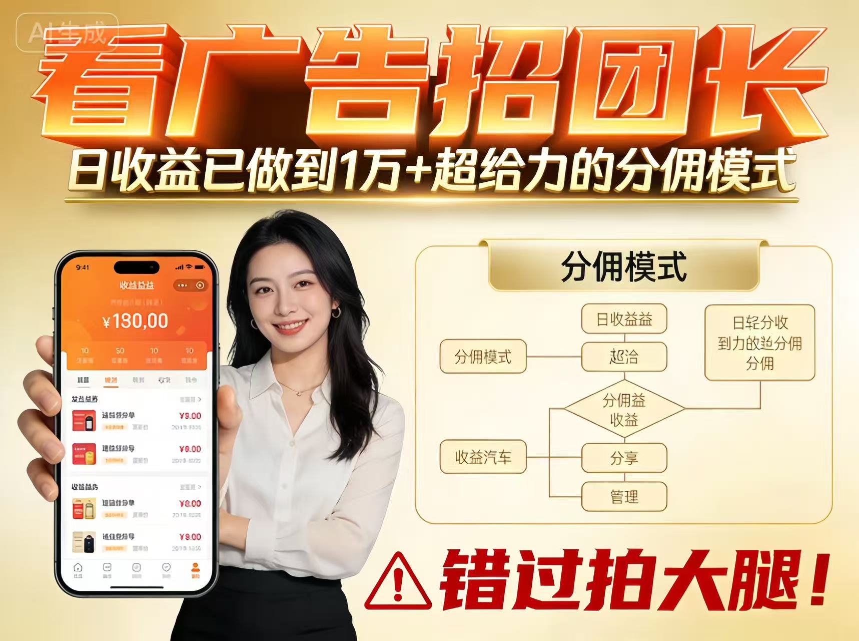 看广告招团长，团队收益已做到日入1万，分佣模式超给力，错过拍大腿-齐力副业