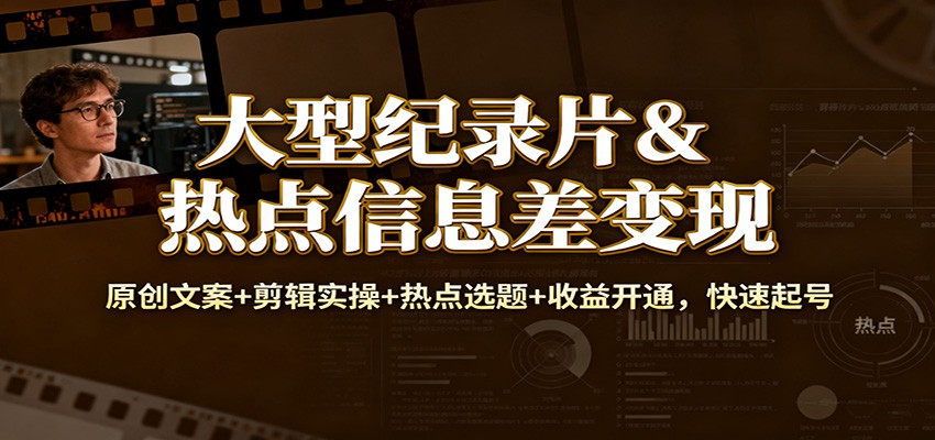 大型纪录片&热点信息差变现：原创文案+剪辑实操+热点选题+收益开通，快速起号-齐力副业