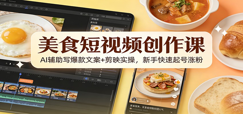 美食短视频创作课：AI辅助写爆款文案+剪映实操，新手快速起号涨粉-齐力副业