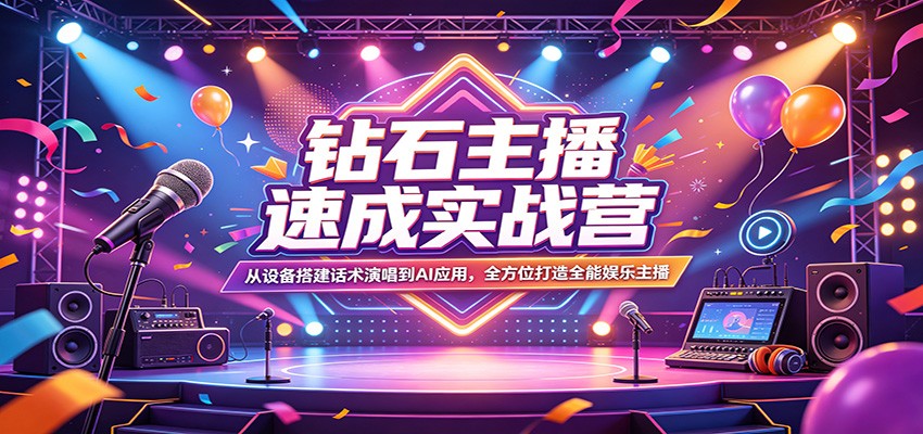 钻石主播速成实战营：从设备搭建话术演唱到AI应用，全方位打造全能娱乐主播-齐力副业