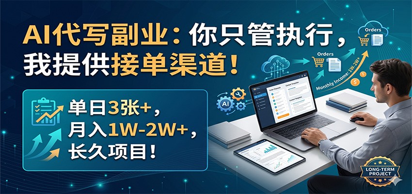 AI代写副业：你只管执行，我提供接单渠道！单日3张+，月入1W-2W+，长久项目-齐力副业