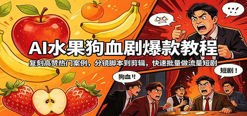 AI水果狗血剧爆款教程：复刻高赞热门案例，分镜脚本到剪辑，快速批量做流量短剧-齐力副业