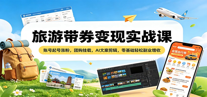旅游带券变现实战课：账号起号涨粉，团购挂载，AI文案剪辑，零基础轻松副业增收-齐力副业