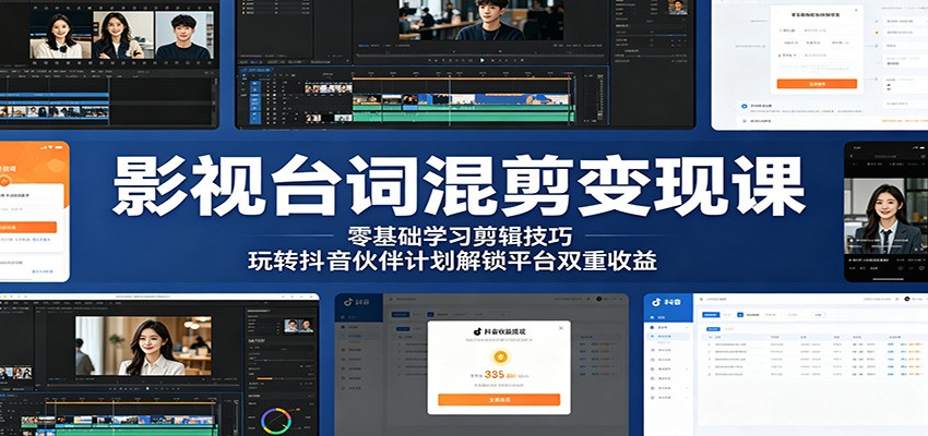 影视台词混剪变现课:零基础学习剪辑技巧,玩转抖音伙伴计划解锁平台双重收益-齐力副业