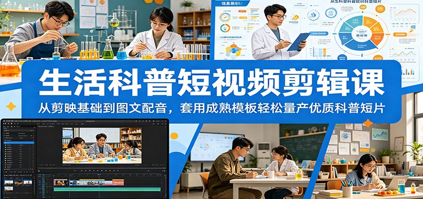 生活科普短视频剪辑课：从剪映基础到图文配音，套用成熟模板轻松量产优质科普短片-齐力副业