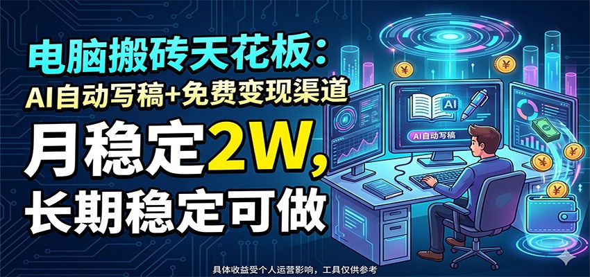 电脑搬砖天花板：AI自动写稿+免费变现渠道，月稳定2W，长期稳定可做-齐力副业
