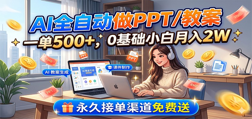 AI全自动做PPT/教案，一单500+，0基础小白月入2W，永久接单渠道免费送-齐力副业