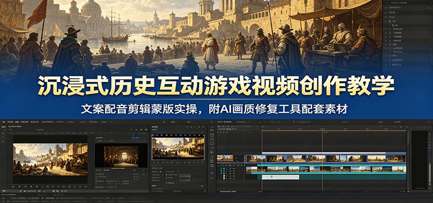 沉浸式历史互动游戏视频创作教学:文案配音剪辑蒙版实操,附AI画质修复工具配套素材-齐力副业