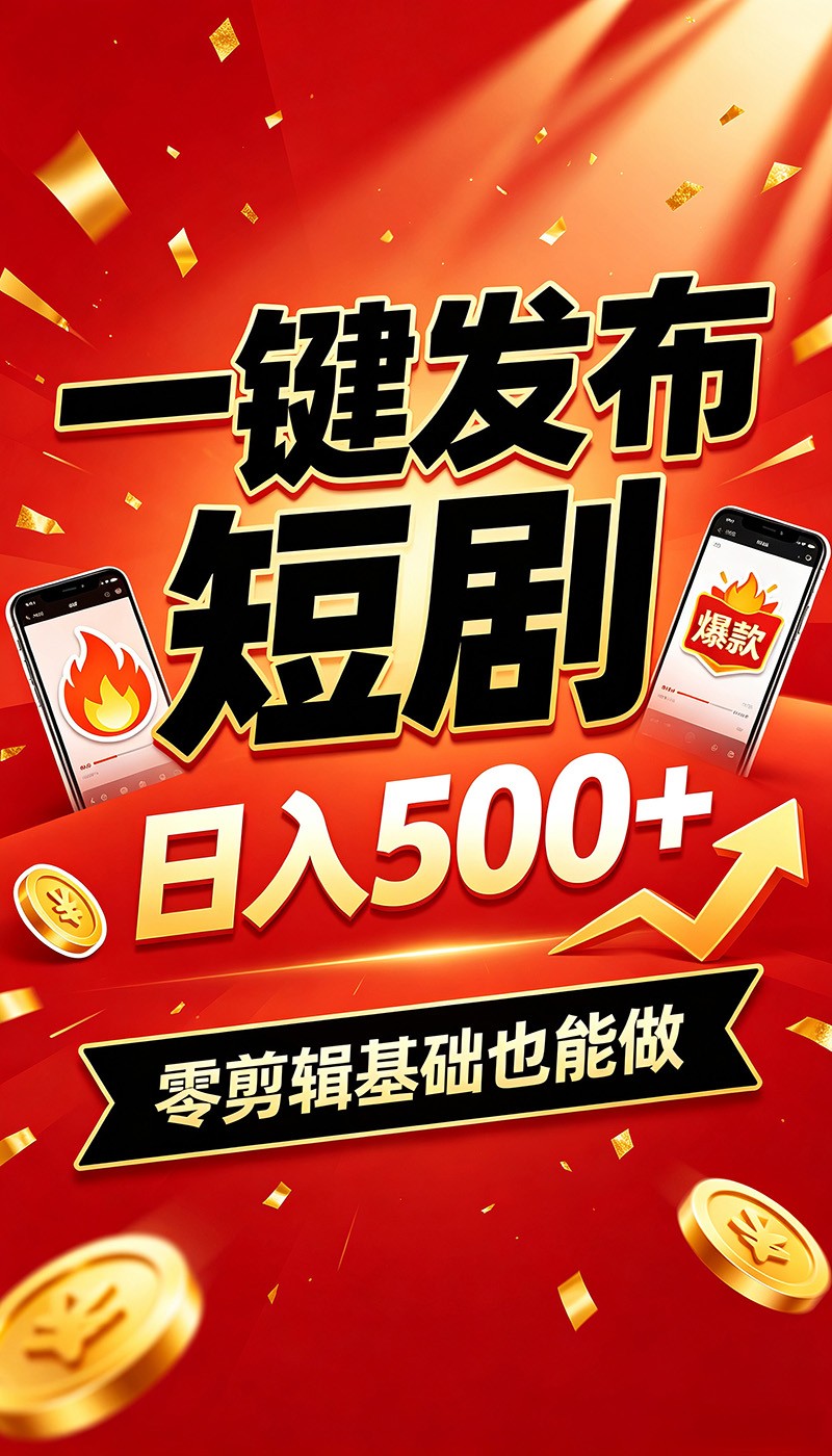 快手短剧一键发布，不用剪辑操作简单，副业日入500+。空闲时间轻松赚收益-齐力副业