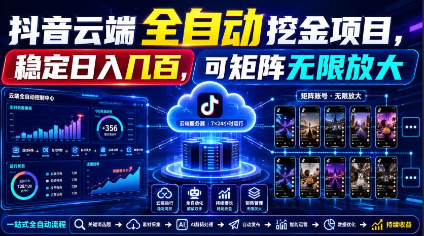 Dy云端全自动挖金项目,稳定日入几百,可矩阵无限放大!-齐力副业