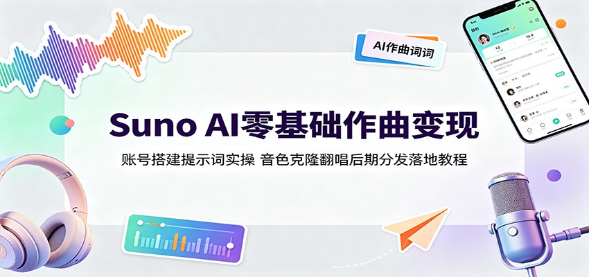 Suno AI零基础作曲变现:账号搭建提示词实操,音色克隆翻唱后期分发落地教程-齐力副业