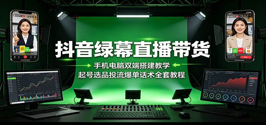 抖音绿幕直播带货:手机电脑双端搭建教学,起号选品投流爆单话术全套教程-齐力副业