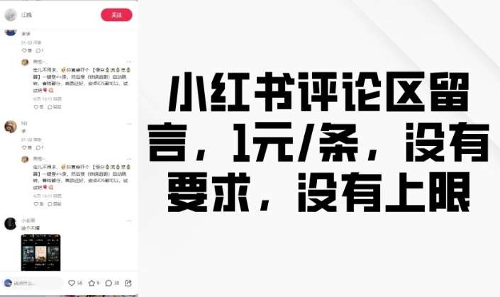 小红书评论区留言，1元条，没有要求，没有上限-齐力副业