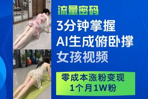 3分钟掌握AI生成俯卧撑女孩视频，零成本涨粉变现，1个月1W粉-齐力副业