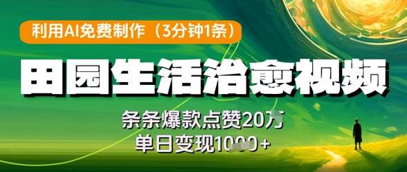 利用AI免费制作田园生活治愈视频，条条爆款点赞20W，单日变现几张-齐力副业