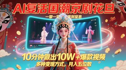 AI复活国潮京剧花旦，一颦一笑美到窒息，10分钟做出10W+爆款视频，多种变现方式，月入五位数-齐力副业