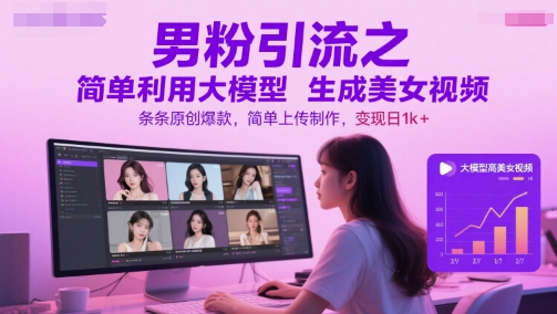 男粉引流之简单利用大模型生成美女视频，条条原创爆款，简单上传制作，变现日1k+-齐力副业