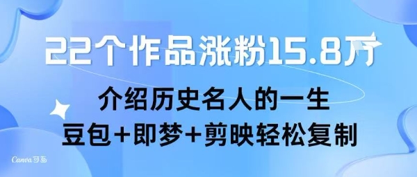 22个作品涨粉15.8W ，介绍历史名人的一生 ， 豆包+即梦+剪映轻松复制-齐力副业