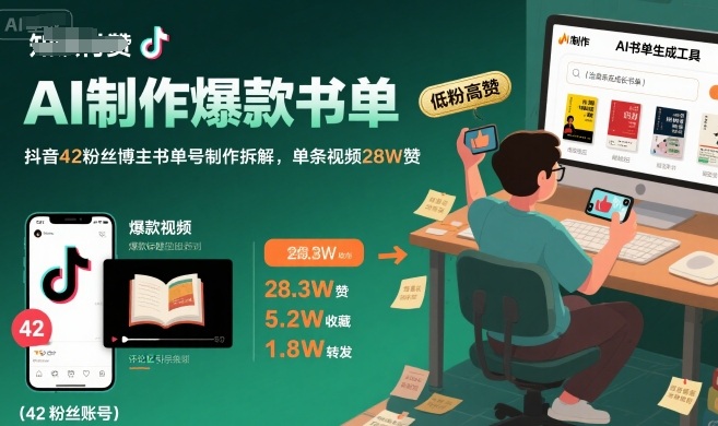 AI制作爆款书单，抖音42粉丝博主书单号制作拆解，单条视频28W赞-齐力副业