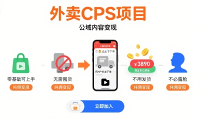 外卖CPS项目，公域内容变现，零基础可上手，无需囤货、不用发货、不必露脸、纯佣变现-齐力副业