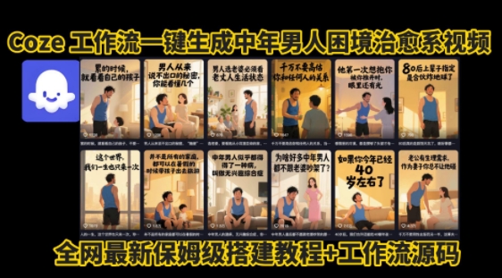 coze工作流一键生成”中年男人困境扎心高涨粉高播放量图文视频”保姆级拆解教程，无需剪辑，无需拍摄写文案-齐力副业