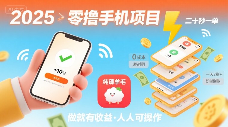 2025年零撸手机项目，二十秒一单，纯薅羊毛 一天2张+做就有-齐力副业