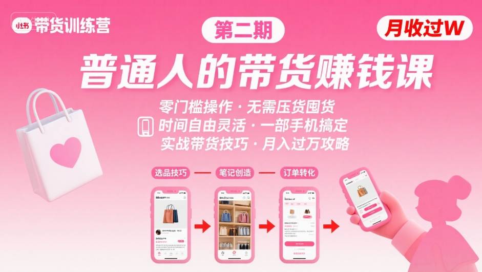 小红书带货第二期训练营，普通人月收过W的带货课，时间自由，零门槛无压货，一部手机即可操作-齐力副业