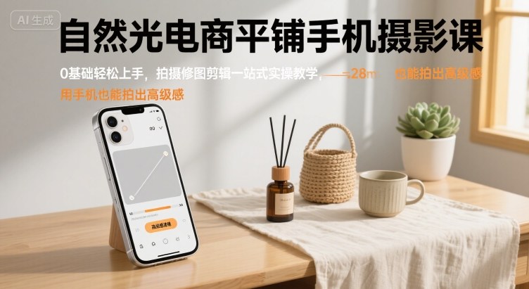 自然光电商平铺手机摄影课，0基础轻松上手，拍摄修图剪辑一站式实操教学，用手机也能拍出高级感-齐力副业