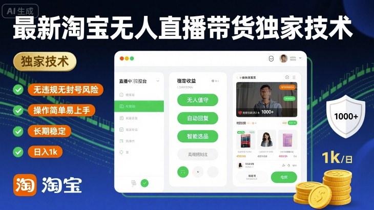最新淘宝无人直播带货独家技术，无违规无封号风险，操作简单易上手，长期稳定日入1k【揭秘】-齐力副业