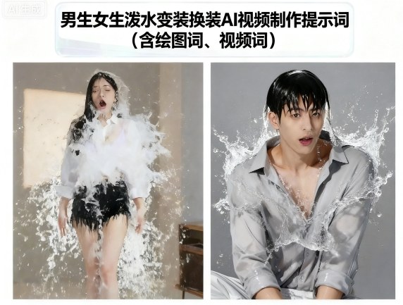 男生女生泼水变装换装AI视频制作提示词(含绘图词、视频词)-齐力副业
